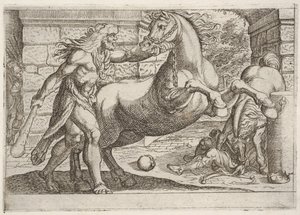 Herkules és a Diomédeszi kancák: Herkules megragadja egy nevelő ló kantárját, egy második..., 1608.