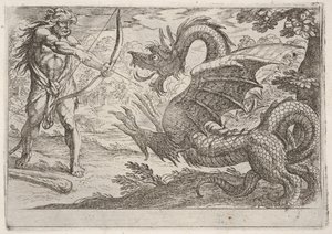 Herkules és a kígyó Ladon: Herkules kihúzza íját, megjelenik a nevelő kígyó a pro..., 1608-ban.