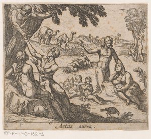 Az aranykor Aetas aurea (cím a tárgyon) Metamorphoseon sive transformationum (sorozat címe) Ovidius metamorfózisai (sorozat címe) alkotó: Antonio Tempesta