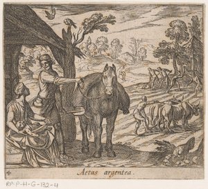 Az ezüstkor Aetas argentea (cím a tárgyon) Metamorphoseon sive transformationum (sorozat címe) Ovidius metamorfózisai (sorozat címe) alkotó: Antonio Tempesta