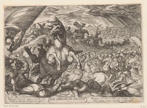 Joshua megparancsolja a napnak, hogy álljon meg Iosue imperante sol constitit (cím az objektumon) Ószövetségi csatajelenetek (sorozat címe) alkotó: Antonio Tempesta