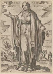 Maria Üdvözlégy Mária, kegyelemmel teljes, Uram veled (cím a tárgyon) Krisztus, Mária en de apostle (sorozat címe) alkotó: Antonio Tempesta