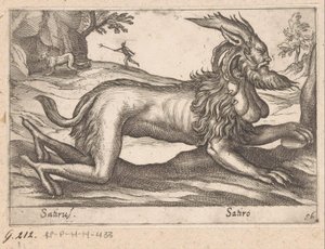 szörnyű lény Satirus/ Satiro (cím a tárgyon) Állatok és mitikus lények (sorozat címe) Nova raccolta de li animali piu curiosi del mondo (sorozat címe) alkotó: Antonio Tempesta