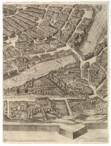 Róma város terve. 10. rész a Tiberissel és a Villa Farnesinával, 1645. alkotó: Antonio Tempesta