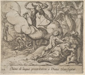105. tábla: Diana Chione felé irányítja az íját, akit két gyerek kísér, az anot...-ban, 1606. alkotó: Antonio Tempesta