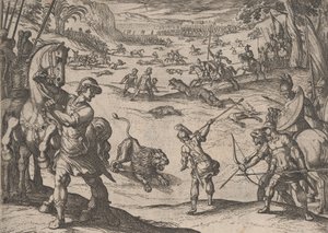 11. tábla: Sándor oroszlánvadászata, Nagy Sándor tetteiből, 1608., alkotó: Antonio Tempesta