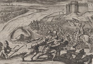 12. tábla: Gabonával megrakott hajó húzása a partra, A rómaiak háborúja a ... ellen, 1611-ből. alkotó: Antonio Tempesta