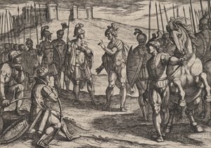 15. tábla: Civilis bánásmód egy római parancsnokkal, A rómaiak háborúja a ... ellen, 1611-ből. alkotó: Antonio Tempesta