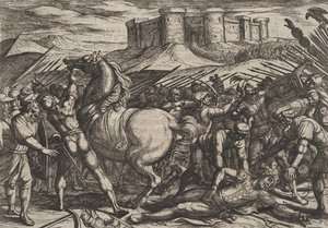 17. tábla: A rómaiakat Civilis lova félrevezette, hogy azt higgyék, meghalt vagy megsérült, 1611-ből.... alkotó: Antonio Tempesta