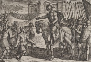 19. tábla: Férfiak az erődből megadják magukat és életüket a civileknek áldozzák, a háborúból..., 1611. alkotó: Antonio Tempesta