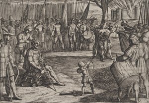 20. tábla: Civilis levágta a haját, A rómaiak háborúja a bataviak ellen R..., 1611-ből. alkotó: Antonio Tempesta
