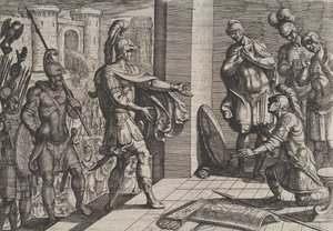 26. tábla: Cerialis megkegyelmez és felmenti azokat a római katonákat, akik segítették civilist, a The Wa...-ból, 1611. alkotó: Antonio Tempesta