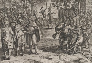 2. tábla: A rómaiak öreg holland férfiakat túszul ejtenek és fiatalokat csábítanak el, a Háborúból..., 1611. alkotó: Antonio Tempesta