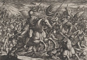 30. tábla: Cerialis, aki a hollandokat a Rajnába hajtja, A rómaiak háborúja a th... című filmből, 1611. alkotó: Antonio Tempesta