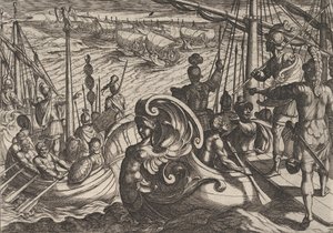33. tábla: Holland és római flottillák a Rajnán, A rómaiak háborúja a B... ellen, 1611-ből. alkotó: Antonio Tempesta