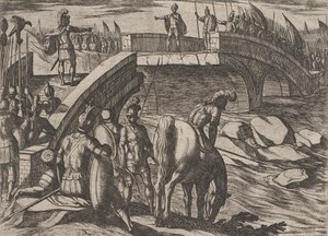 36. tábla: Civilis és Cerialis egy letört hídon találkoznak, hogy megegyezzenek, a The War of...-ból, 1611. alkotó: Antonio Tempesta