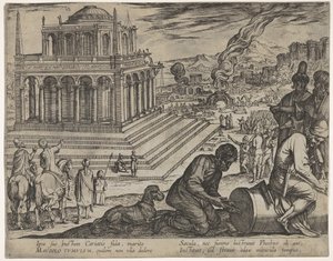 5. tábla: Mauszolosz sírja, kőművesek jobbra oszlopot készítenek, A hét csoda...-ból, 1608. alkotó: Antonio Tempesta
