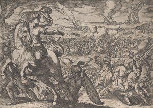 6. tábla: Darius a csatatérről menekül, Nagy Sándor tetteiből, 1608. alkotó: Antonio Tempesta