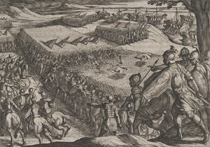 6. tábla: Rómaiak legyőzése a Rajna közelében, A rómaiak háborúja a bataviak ellen..., 1611-ből. alkotó: Antonio Tempesta
