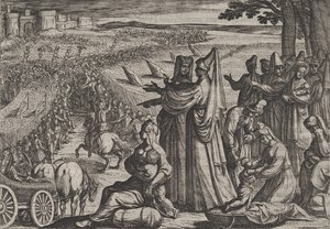 8. tábla: Nők és gyerekek megfigyelik a rómaiakkal harcoló civileket, A romák háborújából..., 1611. alkotó: Antonio Tempesta