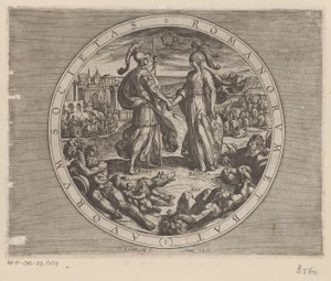 Rome en Batavia schudden elkaar de hand A rómaiak és a hollandok társasága (cím a tárgyon) De Bataafse oorlogen tegen de Romeinen (sorozat címe) A hollandok csatája a rómaiakkal (sorozat címe) alkotó: Antonio Tempesta