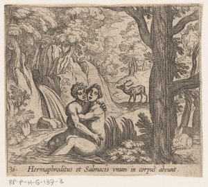 Salmacis és Hermaphroditus Hermaphroditus és Salmacius egy testként távoznak (cím a tárgyon) Metamorfózis vagy átalakulások (sorozat címe) Metamorfosen van Ovidius (sorozat címe) alkotó: Antonio Tempesta