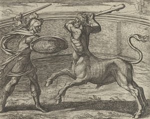 Thészeusz és a Minotaurusz Minotaurum Theseus vincit, a Metamorphos...-ból, 1606 után jelent meg.