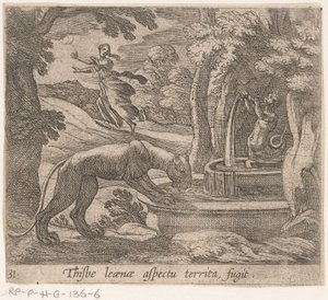 Thisbe vlucht voor the leeuwin by the bron Ez a terület-fugit aspektusa (cím az objektumon) Metamorfózis és átalakulás (sorozat címe) Ovidius metamorfózisai (sorozat címe) alkotó: Antonio Tempesta
