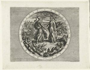 Titelprent voor de Serie De Bataafse Opstand, 69-70 A rómaiak és a hollandok társasága (1) (cím a tárgyon) De Bataafse Opstand (sorozat címe) A hollandok háborúja a rómaiakkal, à Cor. Tacito / De Batavische Oft Oude Hollandtsche Oorloghe teghen de Romeynen alkotó: Antonio Tempesta