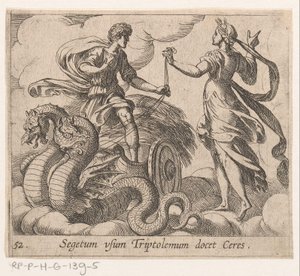 Triptolemus ontagunt de wagon van Ceres Ceres megtanítja Triptolemust a termésre (cím a tárgyon) Metamorfózis vagy átalakulások (sorozat címe) Metamorfosen van Ovidius (sorozat címe) alkotó: Antonio Tempesta