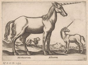 Két egyszarvú és egy oroszlán Monocerons/ Allicorno (cím a tárgyon) Állatok és mitikus lények (sorozat címe) Nova raccolta de li animali piu curiosi del mondo (sorozat címe) alkotó: Antonio Tempesta
