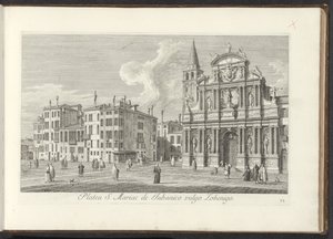 Gezicht op Campo Santa Maria Zobenigo te Venetië S. Rocchi területe ugyanazzal a templommal és iskolával (cím az objektumon) Gezichten op bugemenen en pleinen in Venetië (sorozat címe) Velence városának leghíresebb kilátása az Antonius-csatorna 38. táblájá alkotó: Antonio Visentini