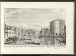 Gezicht op het Canal Grande, Palazzo Bembo en Palazzo Vendramin-Calergi te Venetië Bembo házainak kilátása Grimanos Calergiosig most Vendramenos (cím az objektumon) Velence városának híresebb kilátásai az Antonius-csatorna tábláiról 38 aer alkotó: Antonio Visentini