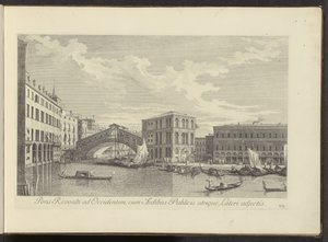 Gezicht op het Canal Grande, Palazzo dei Camerlenghi en de Rialtobrug te Venetië A Rivoalti híd nyugatra, a középületekkel mindkét oldalon (cím az objektumon) Velence városának leghíresebb kilátásai az Antonius-csatorna 38 táblájáról, pl