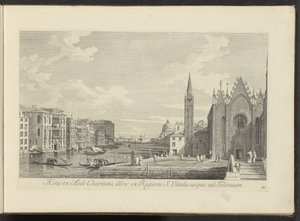 Gezicht op het Canal Grande en de Chiesa di Santa Maria della Carità te Venetië Ezen az oldalon a Charity házától, a másik oldalon a S. Vitalis régiótól Teloniumig (cím a tárgyon) Velence városának leghíresebb kilátása az Antonius-csatorna 38 táblájáról