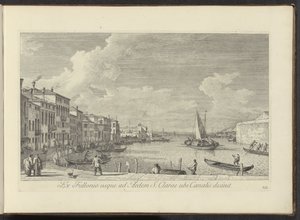 Gezicht op het Canal Grande en de kerk de Santa Chiara te Venetië A mosodától a St. Clare-házig, ahol a csatorna véget ér (cím a tárgyon) Velence városának leghíresebb kilátásai az Antonius-csatorna 38. tábláiról, amelyet Antonio Vissentini nyomtatott sárg alkotó: Antonio Visentini