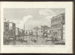 Gáz a Canal Grande en de Toren van de San Vitale te Venetië Kilátás a Cornelius-házból a St. Vital-ra (cím a tárgyon) Velence városának leghíresebb kilátása az Antonius-csatorna 38 táblájáról, Antonio Vissentini fára nyomtatva alkotó: Antonio Visentini