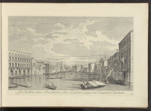 Gezicht op het Canal Grande te Venetië A Foscarok házaitól ezen az oldalon, a Linos túloldalán, egészen a Szeretet templomáig (cím a tárgyon) Velence városának leghíresebb képe az Antonius-csatorna 38 táblájáról, Antonio Vissentini által sárgarézre nyomtat alkotó: Antonio Visentini