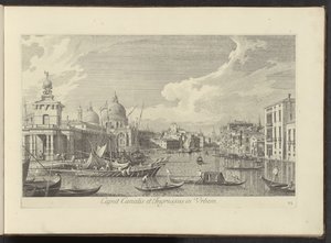 Gezicht op het Canal Grande te Venetië A csatorna feje és a város bejárata (cím az objektumon) Velence városának leghíresebb képe az Antonius-csatorna 38 táblájáról, Antonio Vissentini által sárgarézre nyomtatva, három részre osztva. első rész (sorozat cím