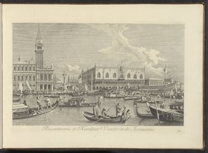 Gezicht op het Canal Grande te Venetië met de Bucintoro van de doge Bucentaurus és Nundinae Venetae a Mennybemenetel napján (cím a tárgyon) Velence városának leghíresebb kilátása az Antonius-csatorna 38 táblájáról, Antonio Vissentini által levegőbe nyomtat