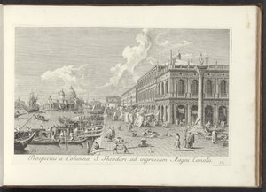 Hoek van het San Marcoplein met de Biblioteca Marciana Kilátás a Szent Teodor oszlopról a Canal Grande bejáratára (cím a tárgyon) Velence városának leghíresebb kilátása, az Antonius-csatorna 38 réztáblájából, Antonio Vissentini részekben nyomtatta