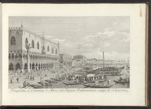 Hoek van het San Marcoplein met het Dogepaleis en de zuil met de Leeuw van Venetië Kilátás a Szent Márk-oszlopról a Dalmatia Bank vulgò de