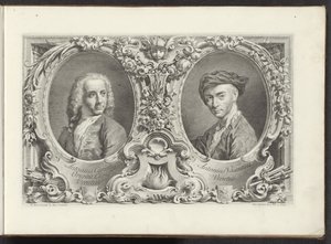 Portretten van artists Canaletto és Antonio Visentini Velence városának leghíresebb képe az Antonius-csatorna 38 táblájáról, Antonio Vissentini által sárgarézre nyomtatva, három részre osztva. első rész (sorozat címe) Gezichten op grote kanalen in Ven