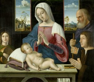 Szűz és gyermek Szent Józseffel és adományozóval, a Withypool Triptichon középső táblája alkotó: Antonio da Solario
