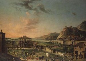 Capriccio panoráma III. Károly, a két szicíliai király utazásáról, portici villájától a római Palazzo Farnese-ig alkotó: Antonio de dipi (attr. to) Joli