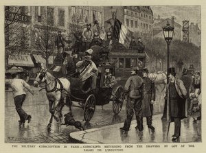 A párizsi katonai sorozás, a sorsolásról visszatérő sorkatonák a Palais de L