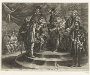 Troonsafsand van Karel V; intocht van Ferdinand te Gent 1635-ben (blad 25) Károly megfosztotta magát a Királyságtól és a Birodalomtól / Most a második leszel / II. Fülöp elveszi a Királyságot apjától (cím a tárgyon) alkotó: Antony van der Does