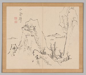 Double Album of Landscape Studies Ikeno Taiga után, 1. kötet 8. levél, 18. század. alkotó: Aoki Shukuya