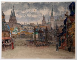La place des strelets - Modeste Moussorgski (1839-1881) "La Khovanshchina" című operájának dekorációja - A Strelets udvara, M. Muszorgszkij Khovanshchina című operájának színpadterve - Appolinari Mihajlovics Vasnyecov (1856-1933) munkája ), akvarell papi alkotó: Apollinari Mikhailovich Vasnetsov