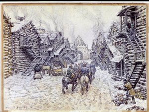 A régi Moszkva. Hagyományos fa építészet a hó alatt. Appolinari Mihajlovics Vasnyecov (1856-1933) munkája, akvarell és kréta papíron alkotó: Apollinari Mikhailovich Vasnetsov
